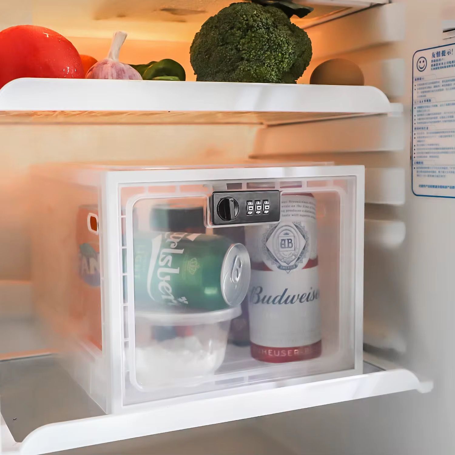 Combination lock box in a refrigerator with beers — a hugely popular low-cost setup