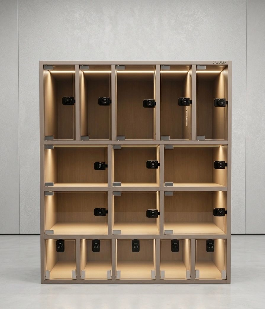 JALUNIA secure locker cabinet — 16 code-locked compartments with LED lighting, on preorder at €899
